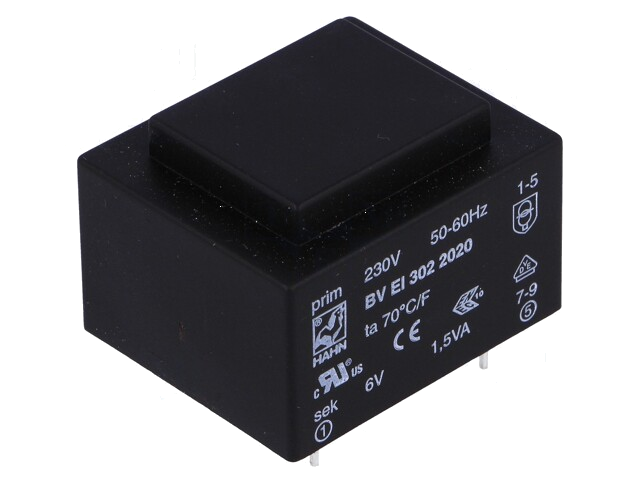 Transformator: ingegoten; 1,5VA; 230VAC; 6V; 250mA; PCB; BVEI Transformator: ingegoten; 1,5VA; 230VAC; 6V; 250mA; PCB; BVEI